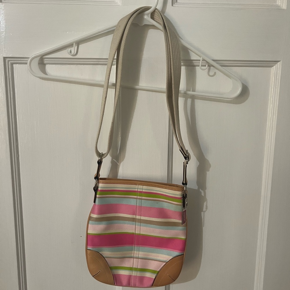 Coach Pink and Green Striped Crossbody Bag